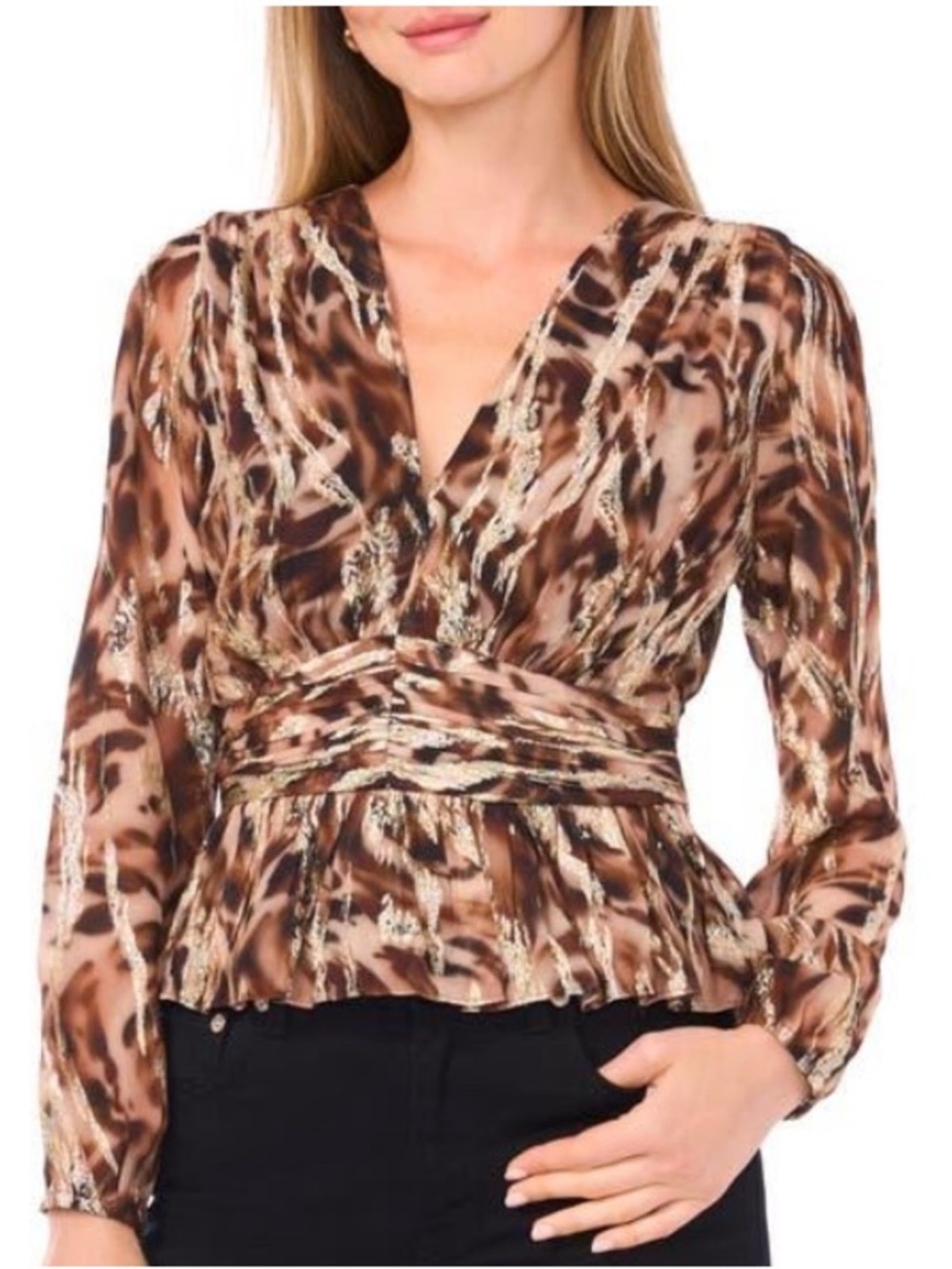 Parker Brown Multi-Tone Animal Print Wrap Blouse